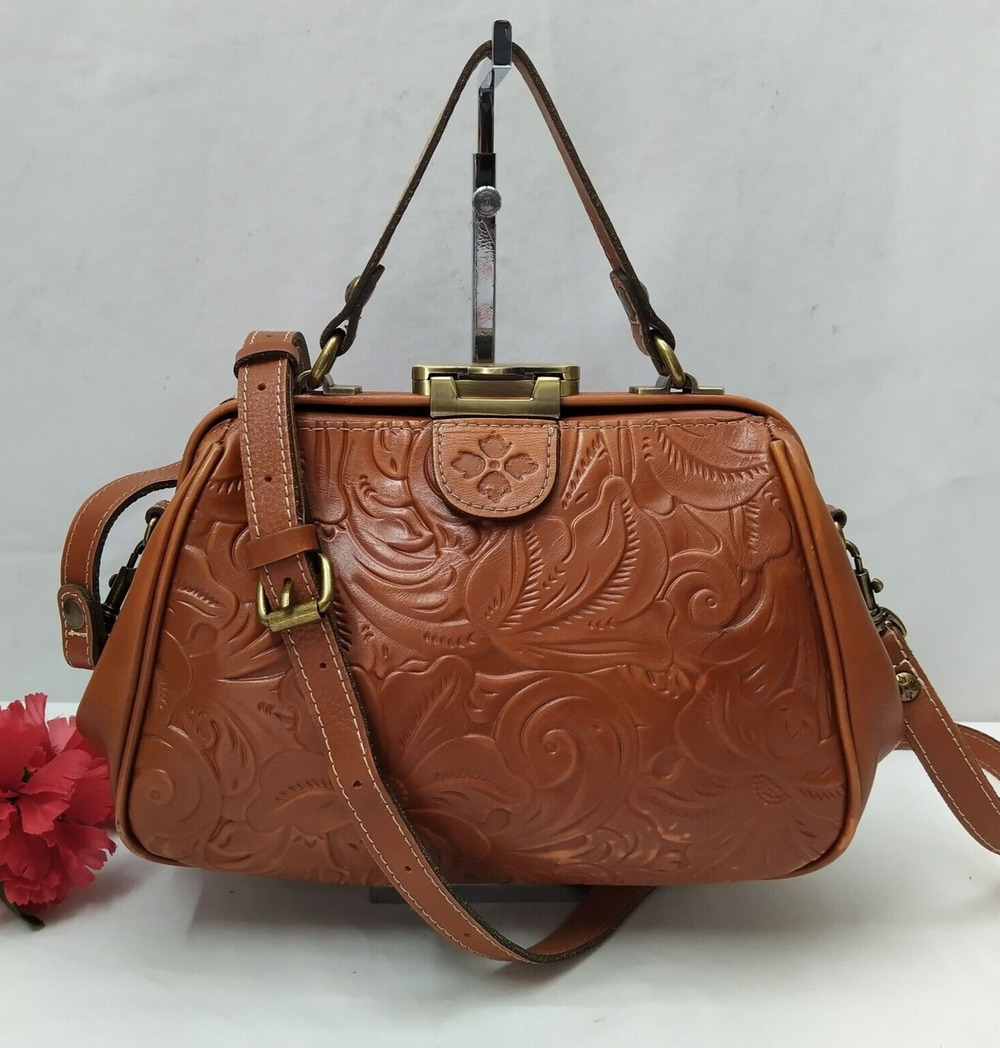 Patricia Nash Brown Leather Floral Pushlock Framed Closure Satchel Crossbody Bag - Picture 1 of 16